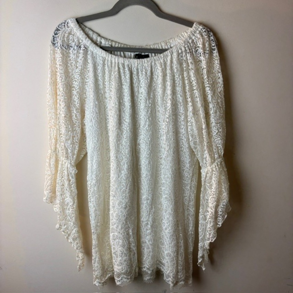 New Directions Ivory Lace Off Shoulder Bell Sleeve Tunic Top Cream Large
